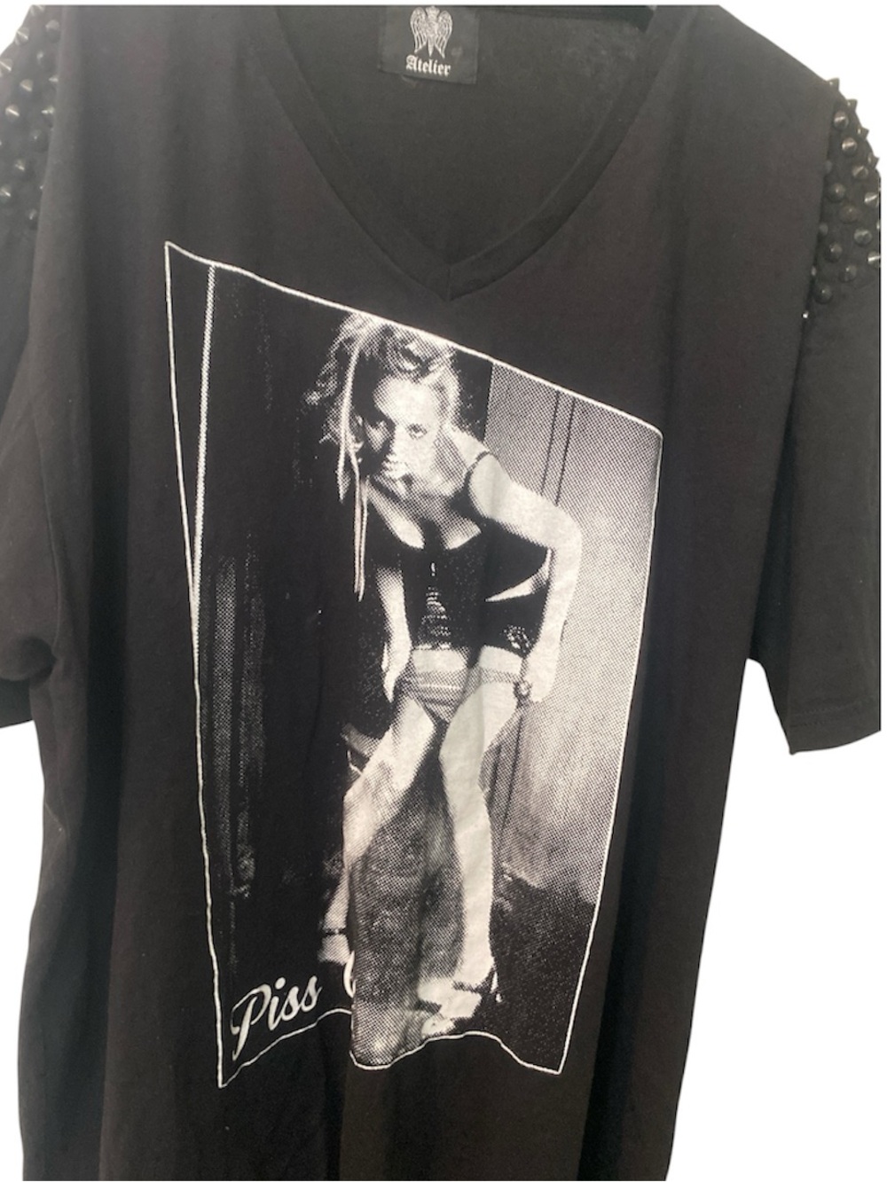 Black Graphic Tee with Studded Shoulders